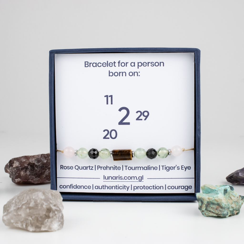For twos (2, 11, 20, 29): Tourmaline, Rose Quartz, Tiger’s Eye, Prehnite bracelet on a cord