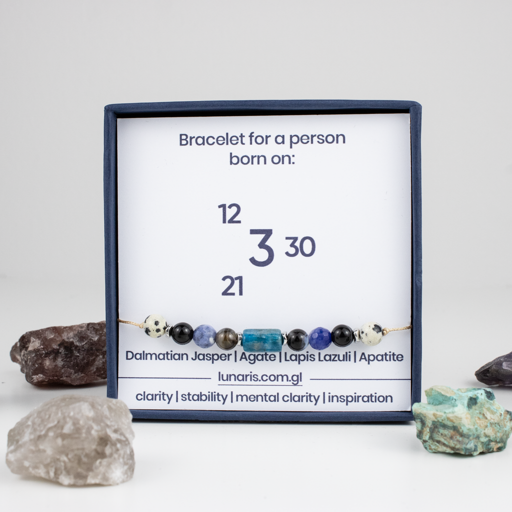For threes (3, 12, 21, 30): Dalmatian Jasper, Lapis Lazuli, Agate, Apatite bracelet on a cord