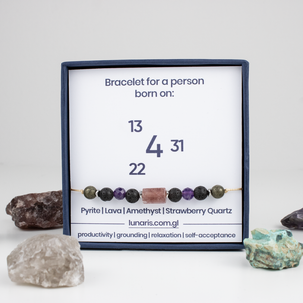 For fours (4, 13, 22, 31): Pyrite, Lava Stone, Amethyst, Strawberry Quartz bracelet on a cord