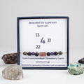 For fours (4, 13, 22, 31): Pyrite, Lava Stone, Amethyst, Strawberry Quartz bracelet on a cord