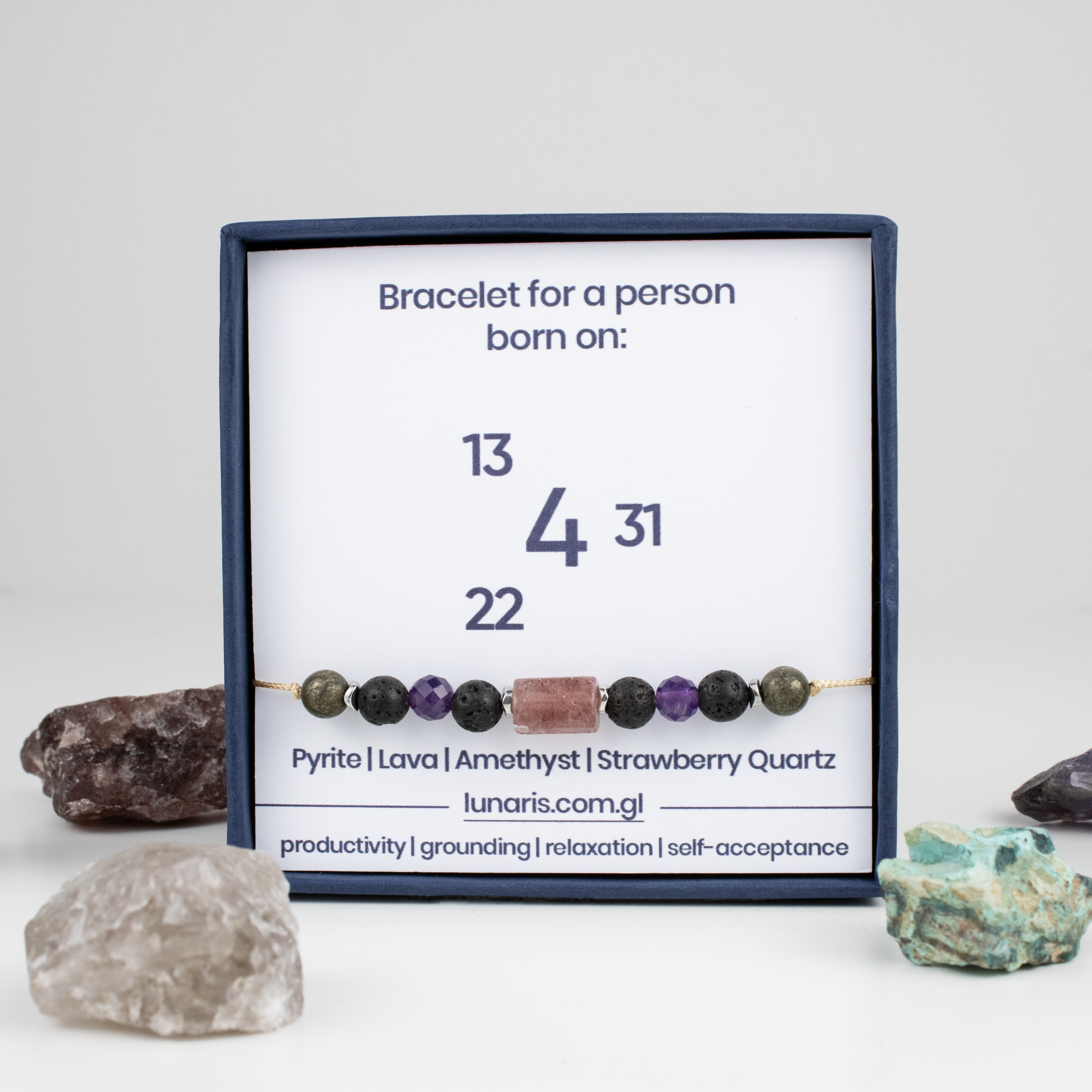 For fours (4, 13, 22, 31): Pyrite, Lava Stone, Amethyst, Strawberry Quartz bracelet on a cord