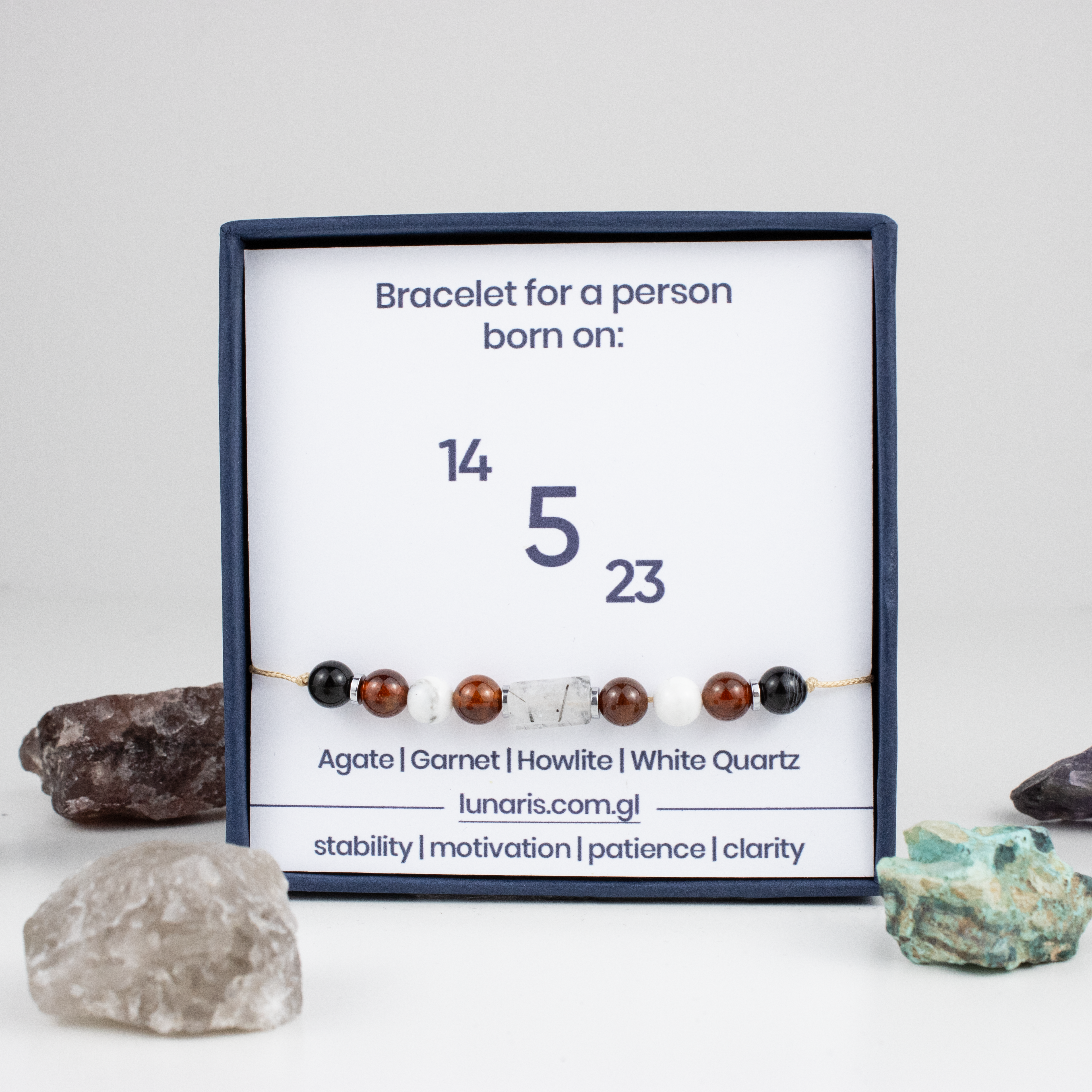 For fives (5, 14, 23): Agate, Garnet, Howlite, White Quartz bracelet on a cord