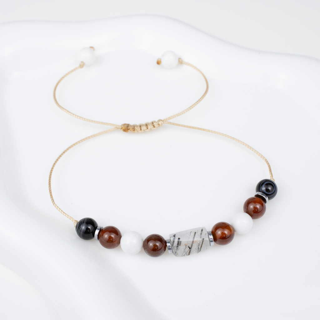 For fives (5, 14, 23): Agate, Garnet, Howlite, White Quartz bracelet on a cord
