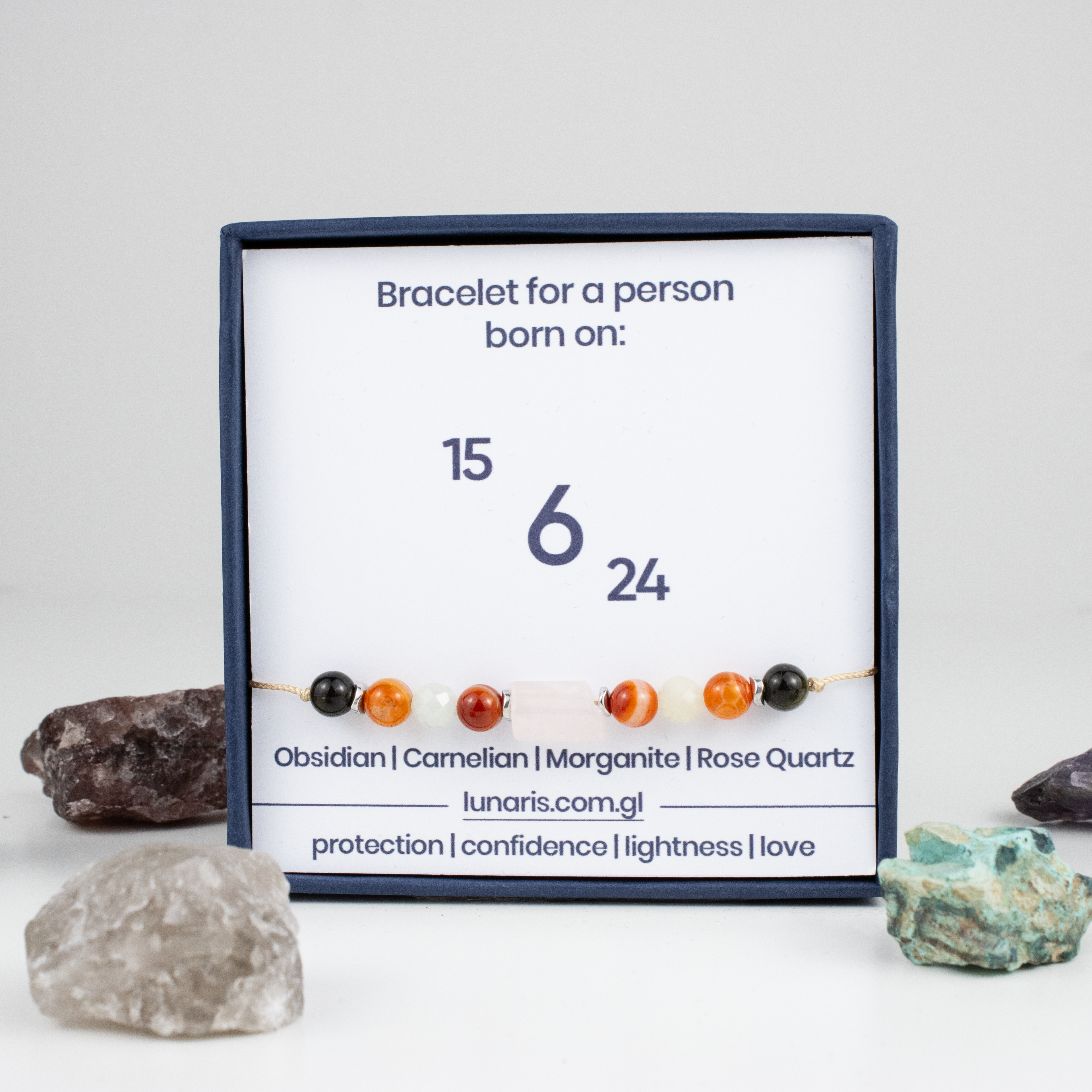 For sixes (6, 15, 24): Obsidian, Carnelian, Morganite, Rose Quartz bracelet on a cord