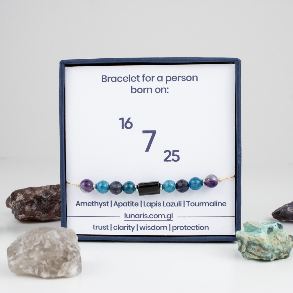 For sevens (7, 16, 25): Tourmaline, Amethyst, Apatite, Lapis Lazuli bracelet on a cord
