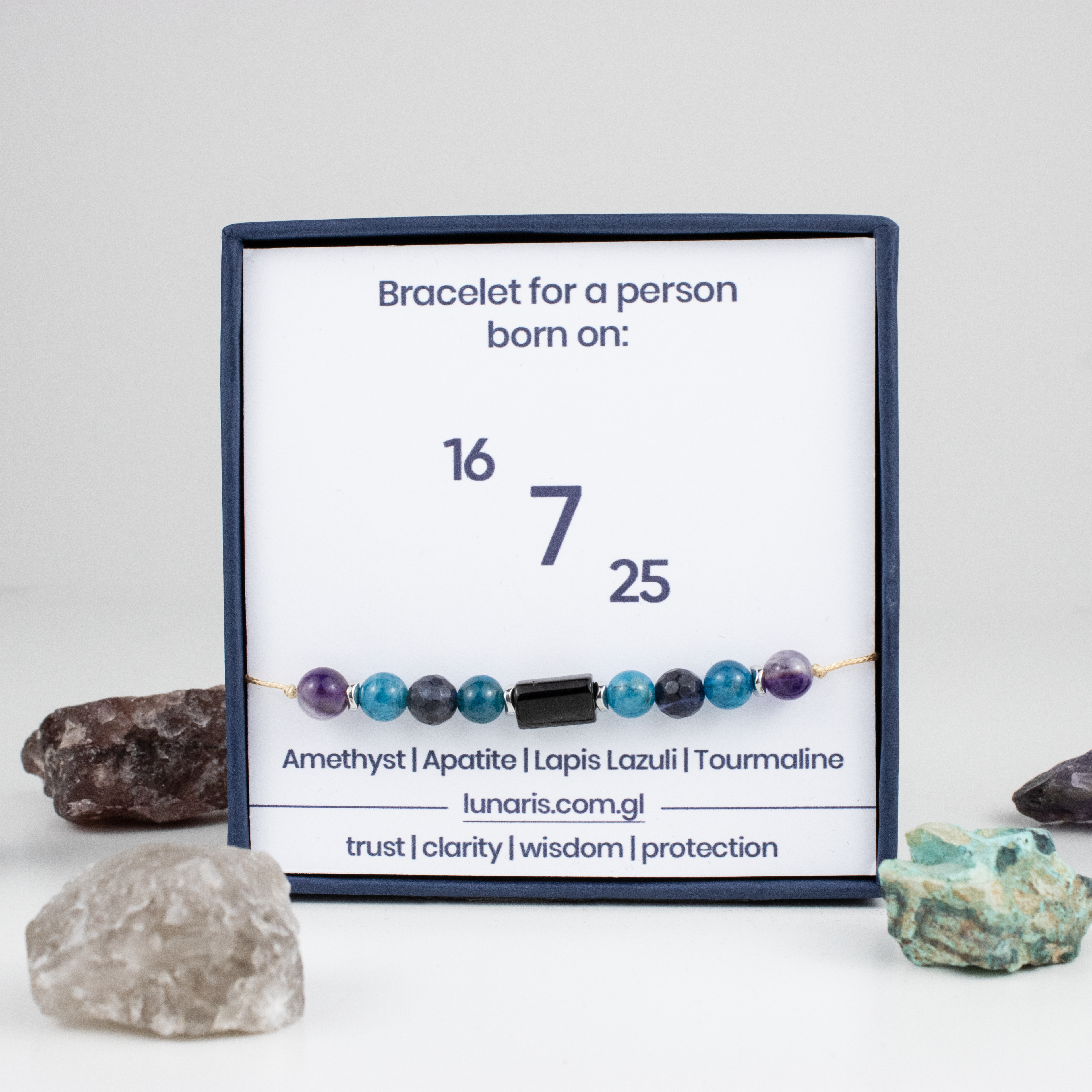 For sevens (7, 16, 25): Tourmaline, Amethyst, Apatite, Lapis Lazuli bracelet on a cord