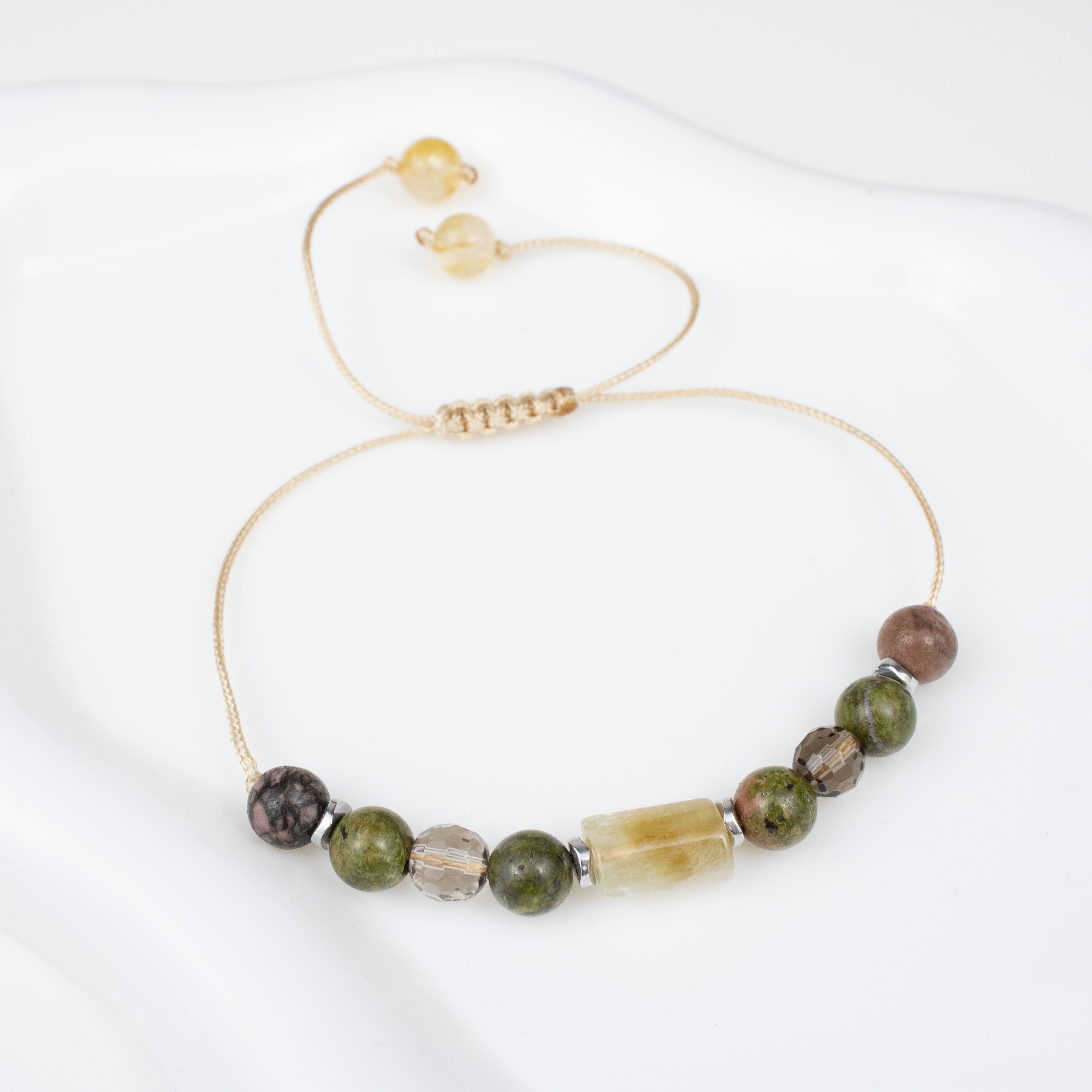 For eights (8, 17, 26): Rhodonite, Unakite, Citrine, Smoky Quartz bracelet on a cord