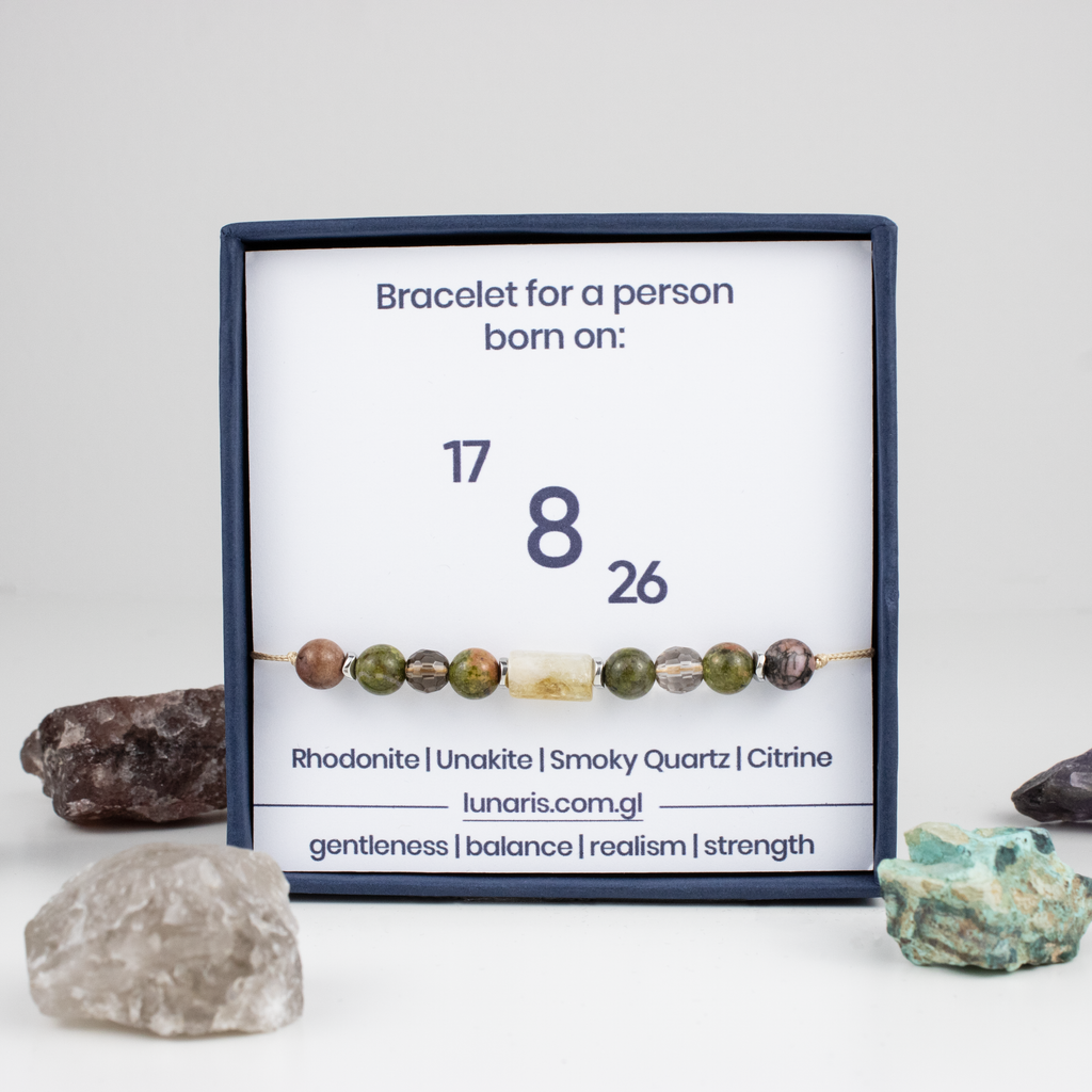 For eights (8, 17, 26): Rhodonite, Unakite, Citrine, Smoky Quartz bracelet on a cord