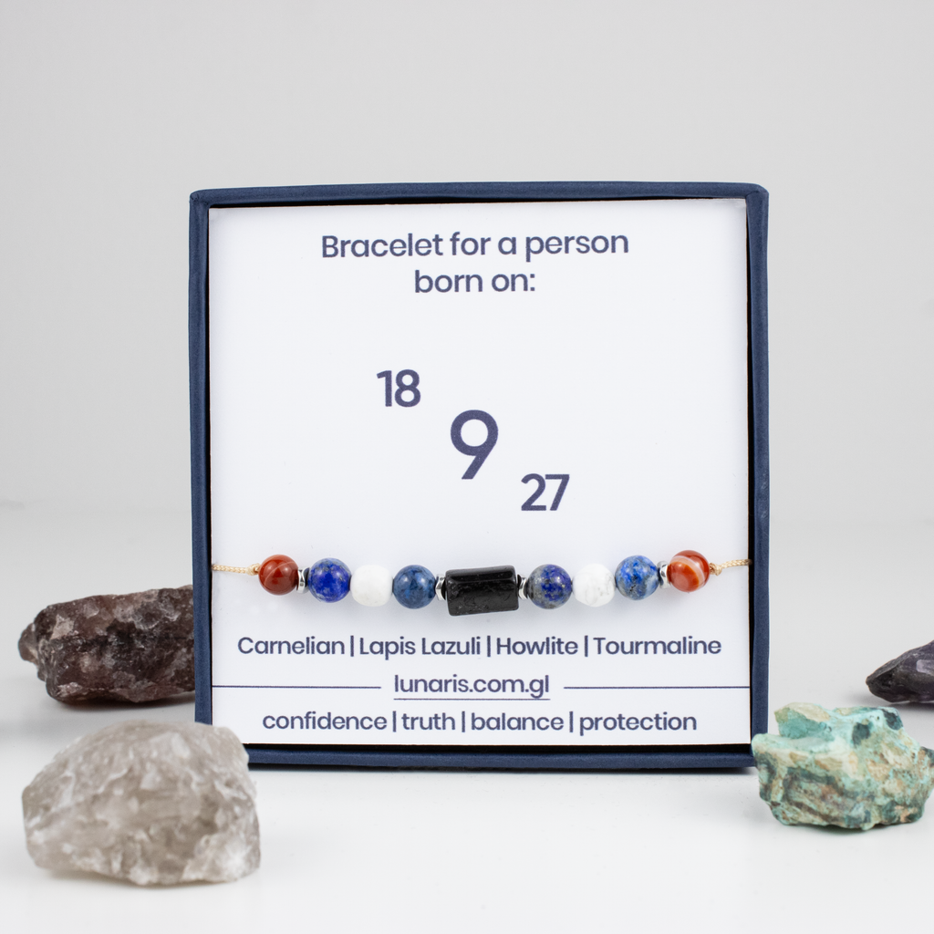 For nines (9, 18, 27): Carnelian, Lapis Lazuli, Howlite, Tourmaline bracelet on a cord