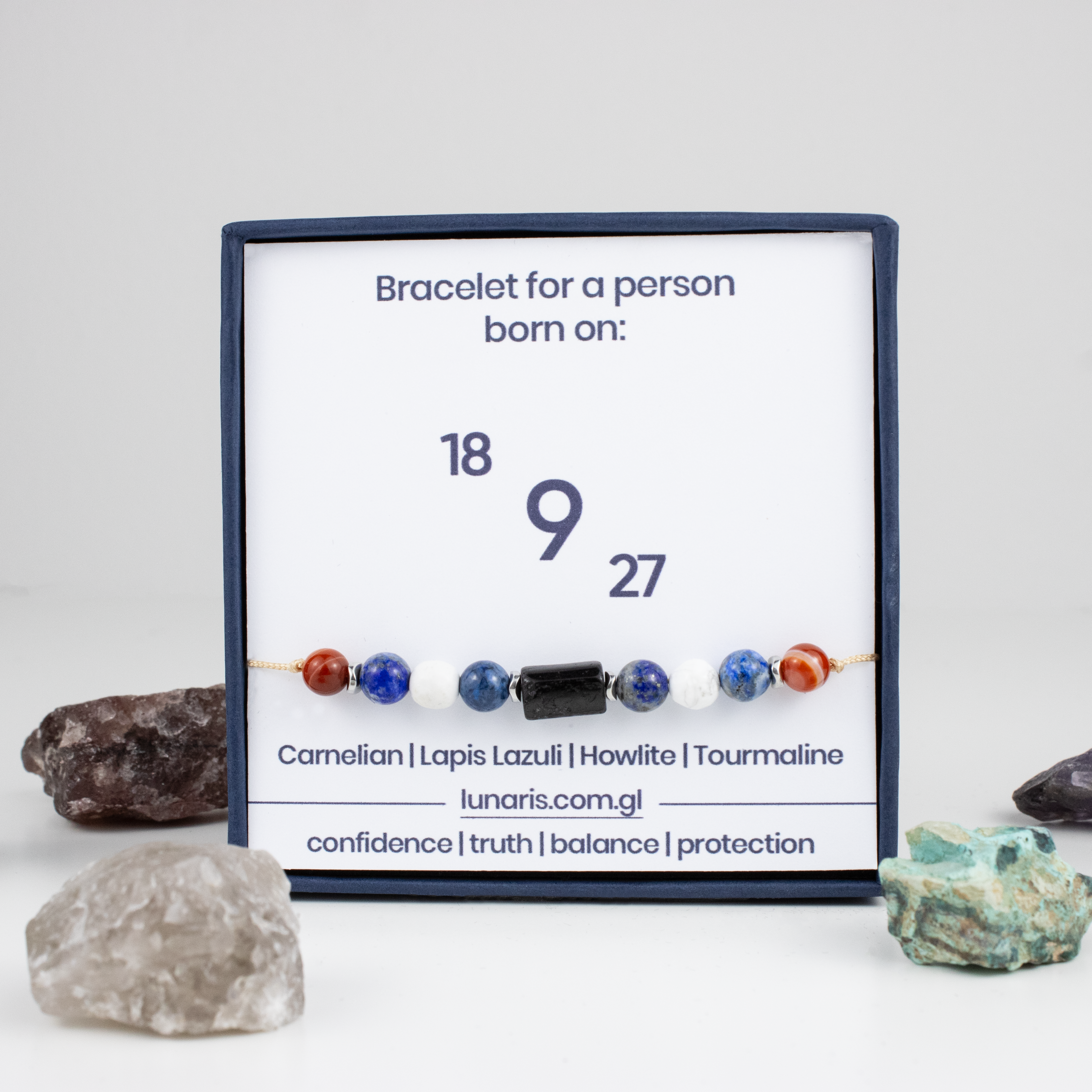 For nines (9, 18, 27): Carnelian, Lapis Lazuli, Howlite, Tourmaline bracelet on a cord