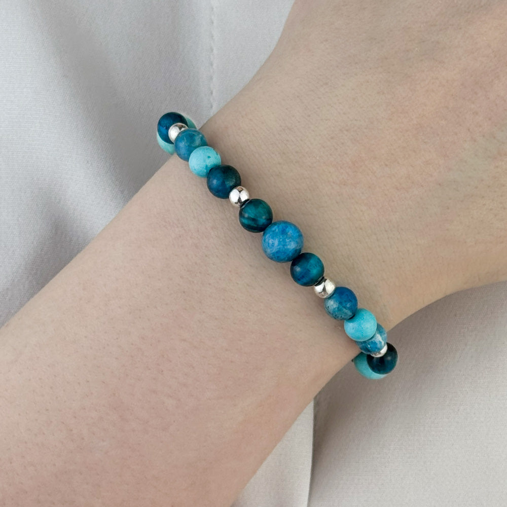 Bracelet made of natural Apatite, Turquoise, and Tiger’s Eye stones on elastic thread
