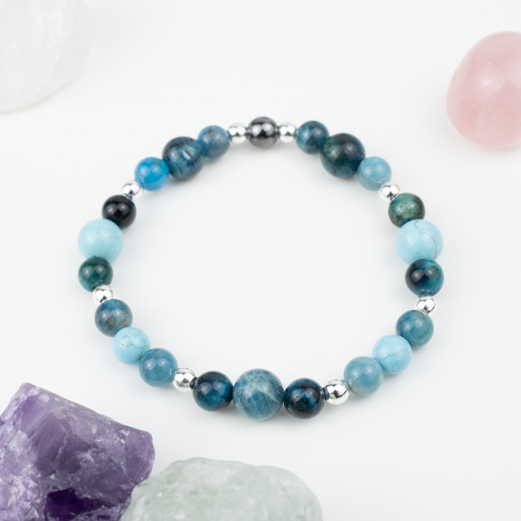Bracelet made of natural Apatite, Turquoise, and Tiger’s Eye stones on elastic thread