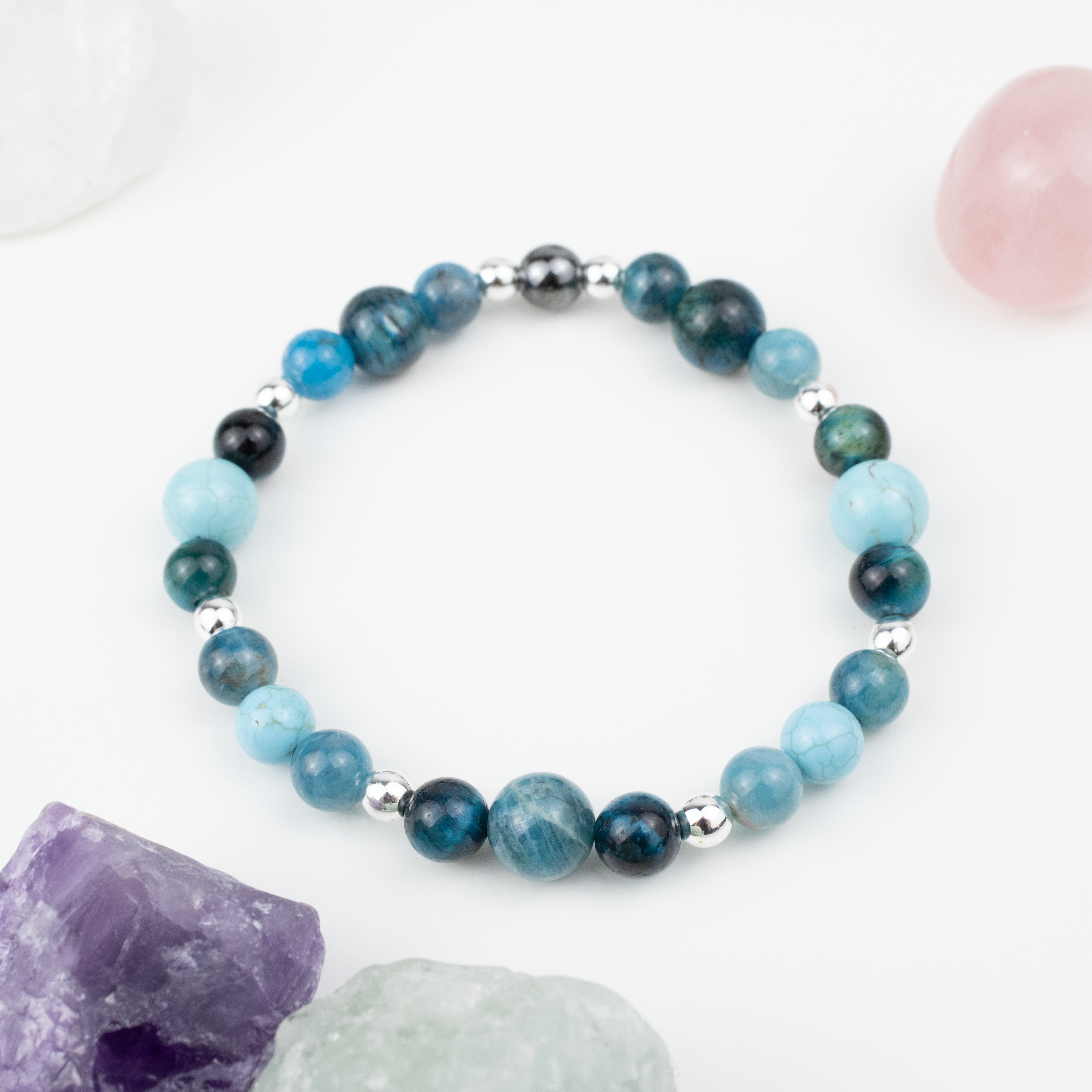Bracelet made of natural Apatite, Turquoise, and Tiger’s Eye stones on elastic thread