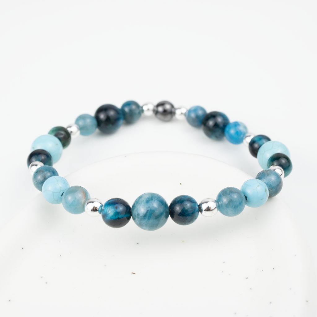 Bracelet made of natural Apatite, Turquoise, and Tiger’s Eye stones on elastic thread