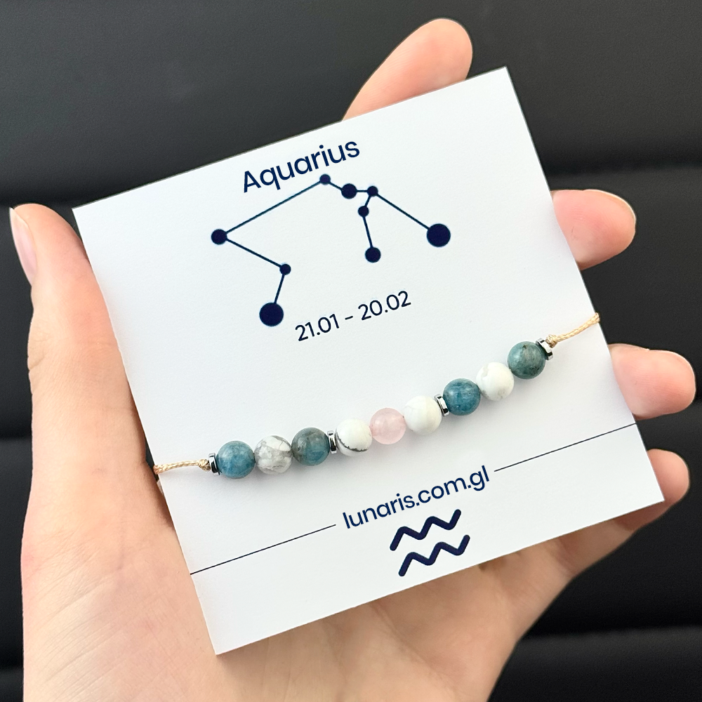 Aquarius zodiac bracelet made of Rose Quartz, Apatite, and Howlite stones