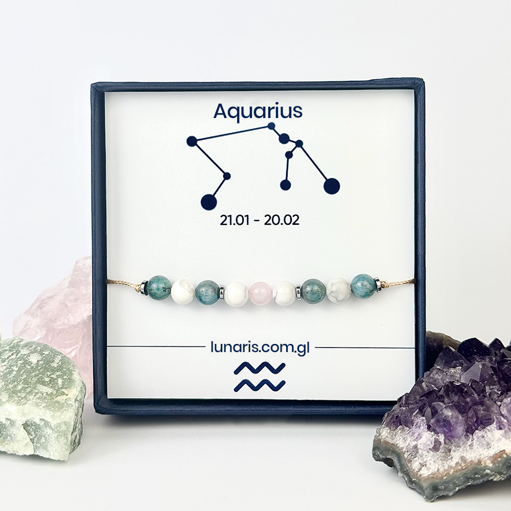 Aquarius zodiac bracelet made of Rose Quartz, Apatite, and Howlite stones