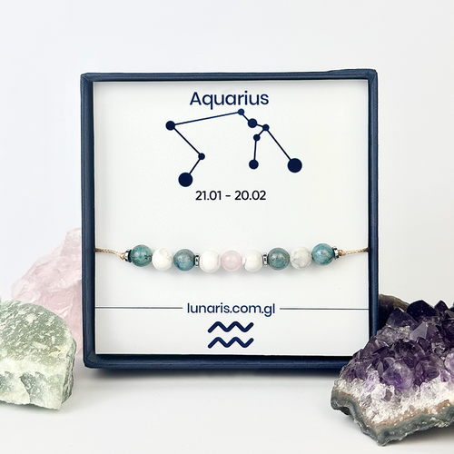 Aquarius zodiac bracelet made of Rose Quartz, Apatite, and Howlite stones