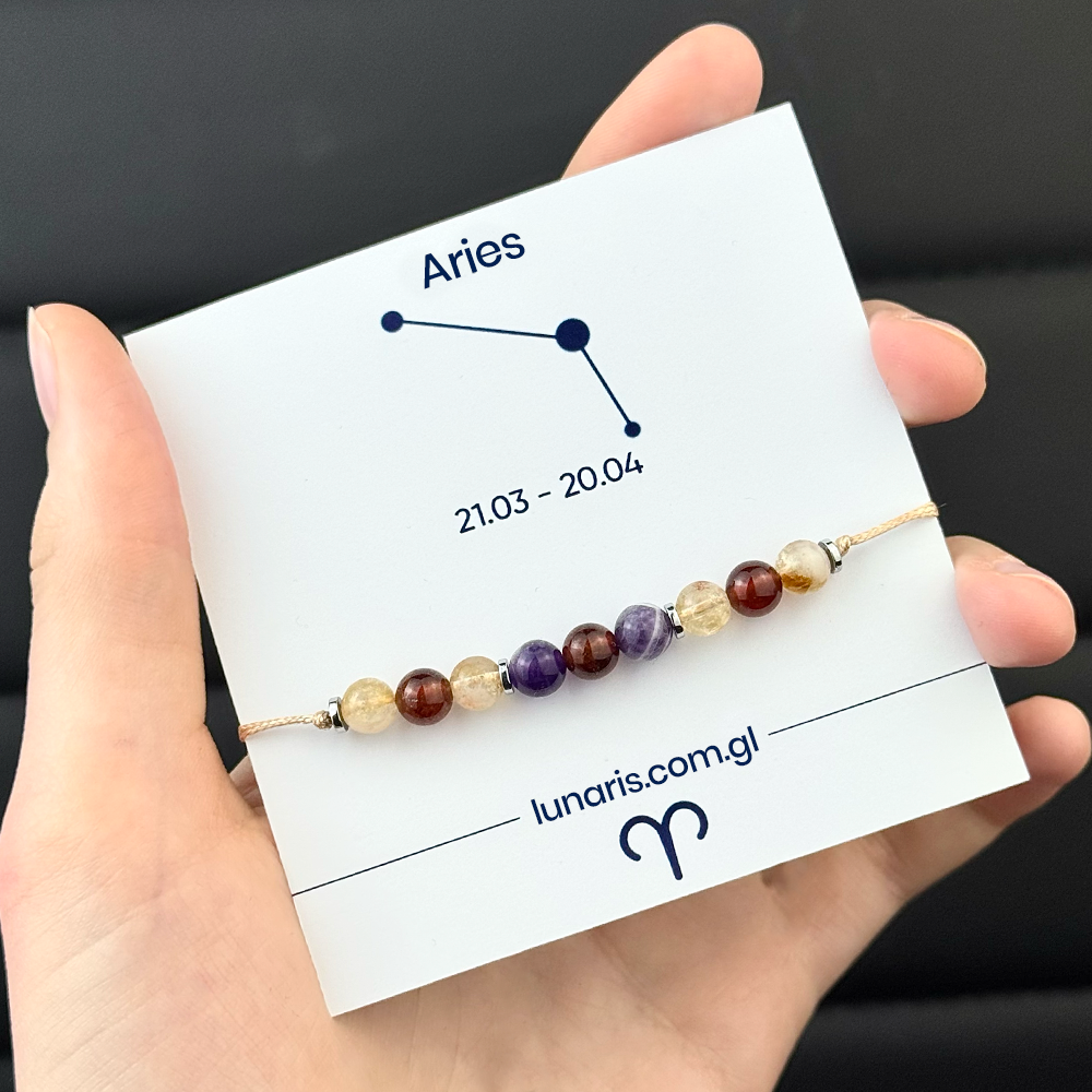 Aries zodiac bracelet made of Garnet, Amethyst, and Citrine stones