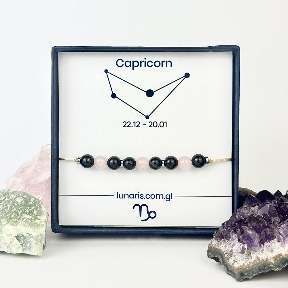 Capricorn zodiac bracelet made of Tourmaline, Rose Quartz, and Agate stones
