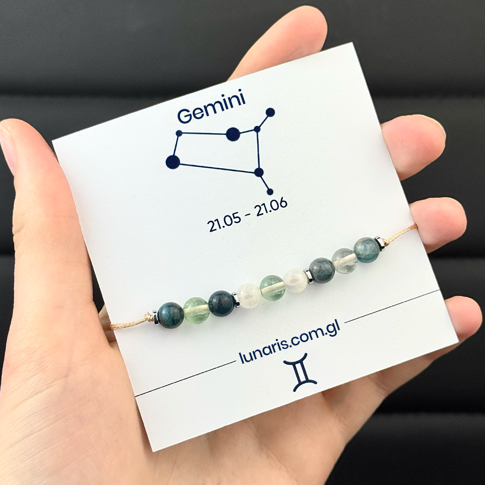Gemini zodiac bracelet made of Moonstone, Fluorite, and Apatite stones