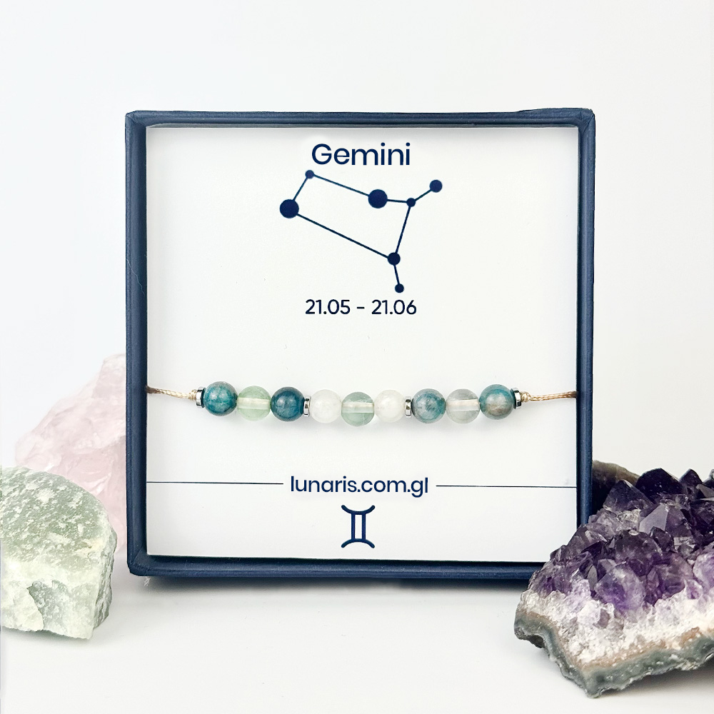 Gemini zodiac bracelet made of Moonstone, Fluorite, and Apatite stones