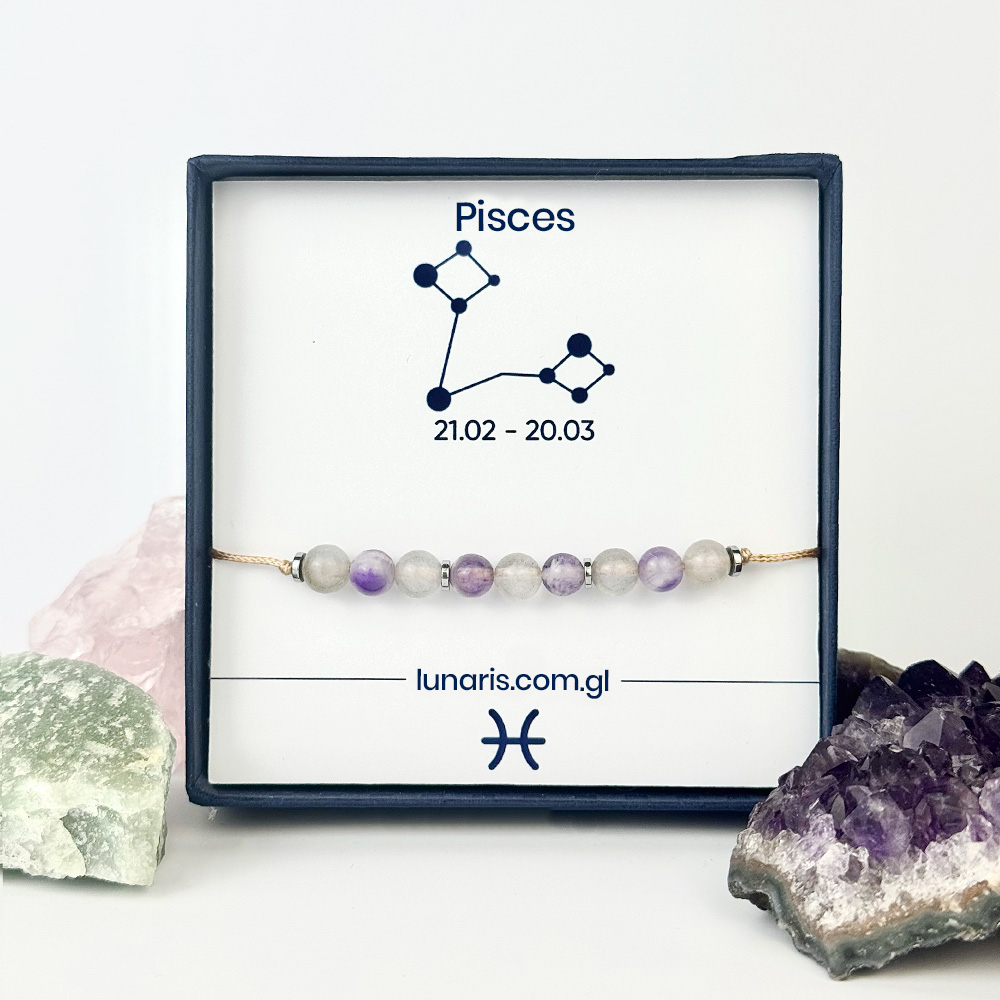 Pisces zodiac bracelet made of Amethyst and Labradorite stones