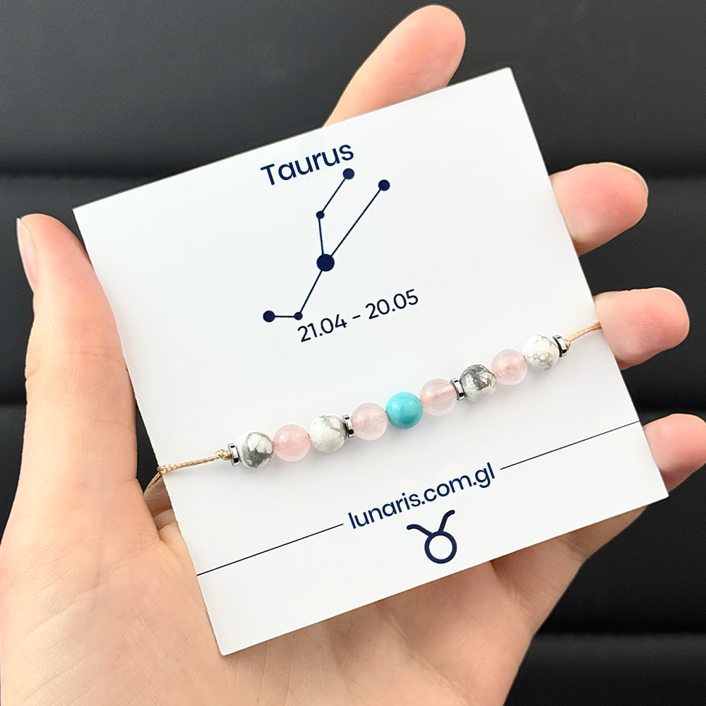Taurus zodiac bracelet made of Rose Quartz, Turquoise, and Howlite stones