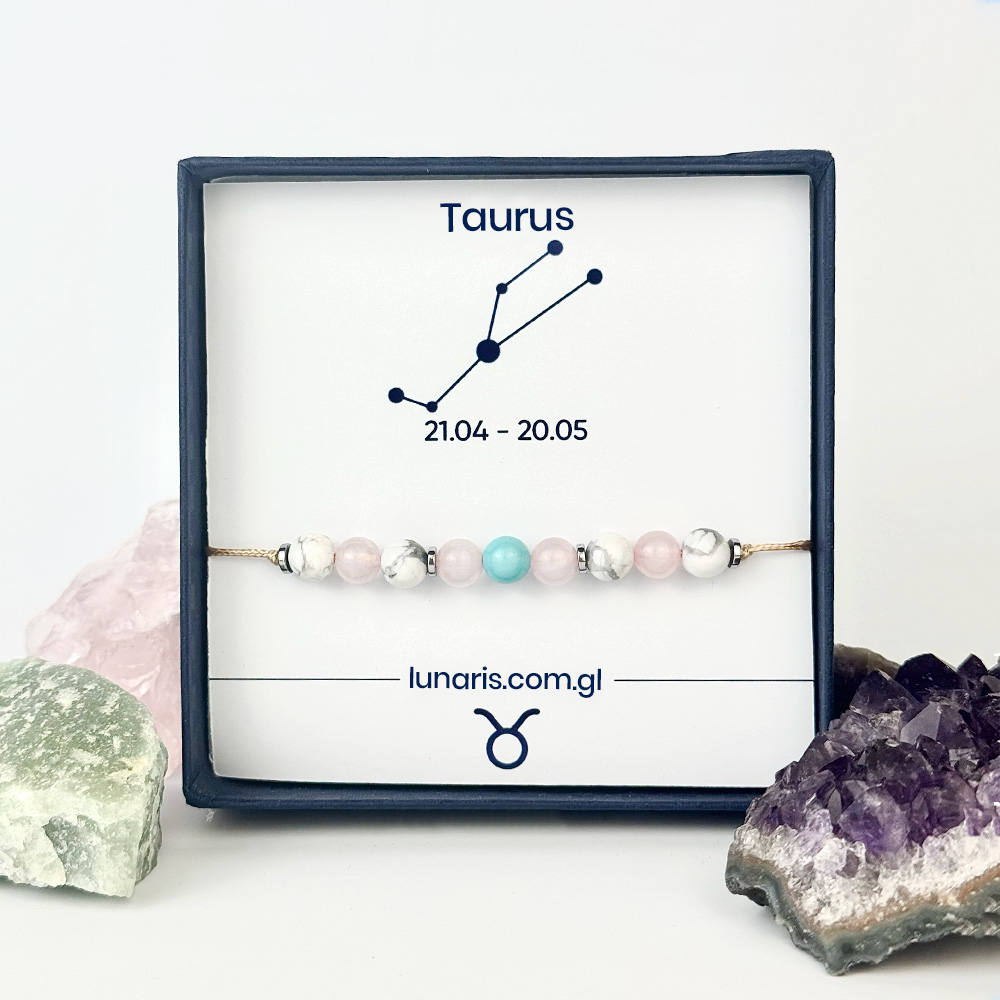Taurus zodiac bracelet made of Rose Quartz, Turquoise, and Howlite stones