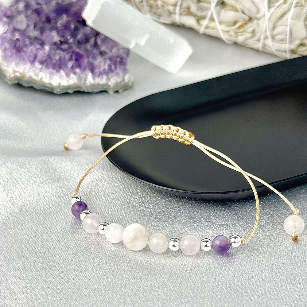Bracelet made of natural Amethyst, Moonstone, and Rose Quartz beads
