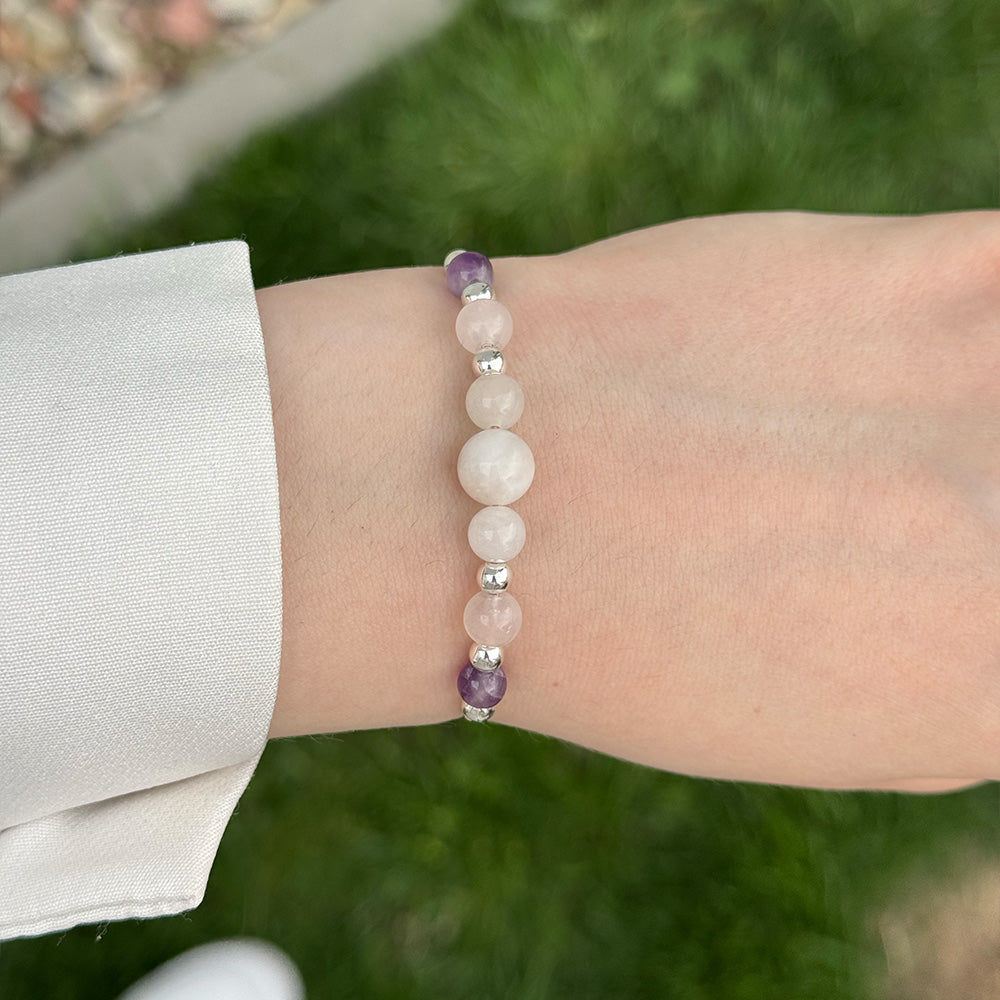 Bracelet made of natural Amethyst, Moonstone, and Rose Quartz beads