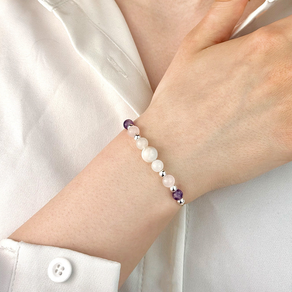 Bracelet made of natural Amethyst, Moonstone, and Rose Quartz beads