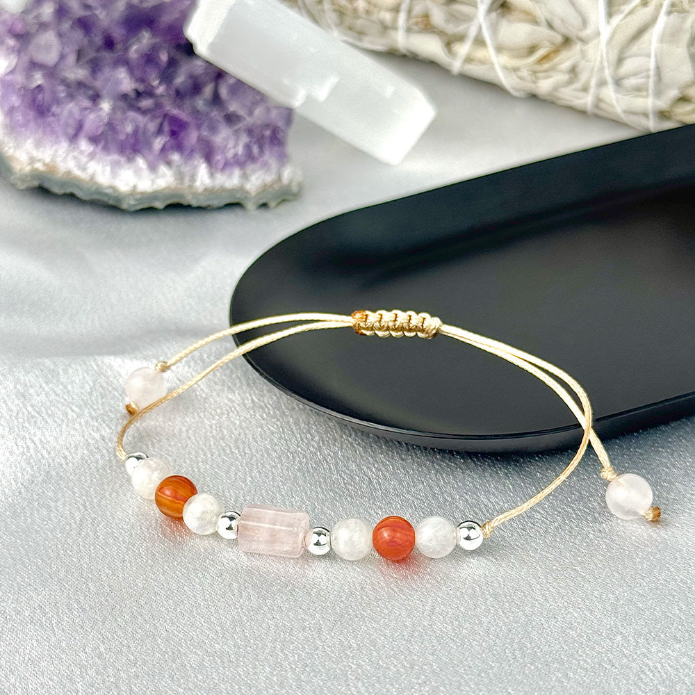 Bracelet made of natural Rose Quartz, Carnelian, and Moonstone beads
