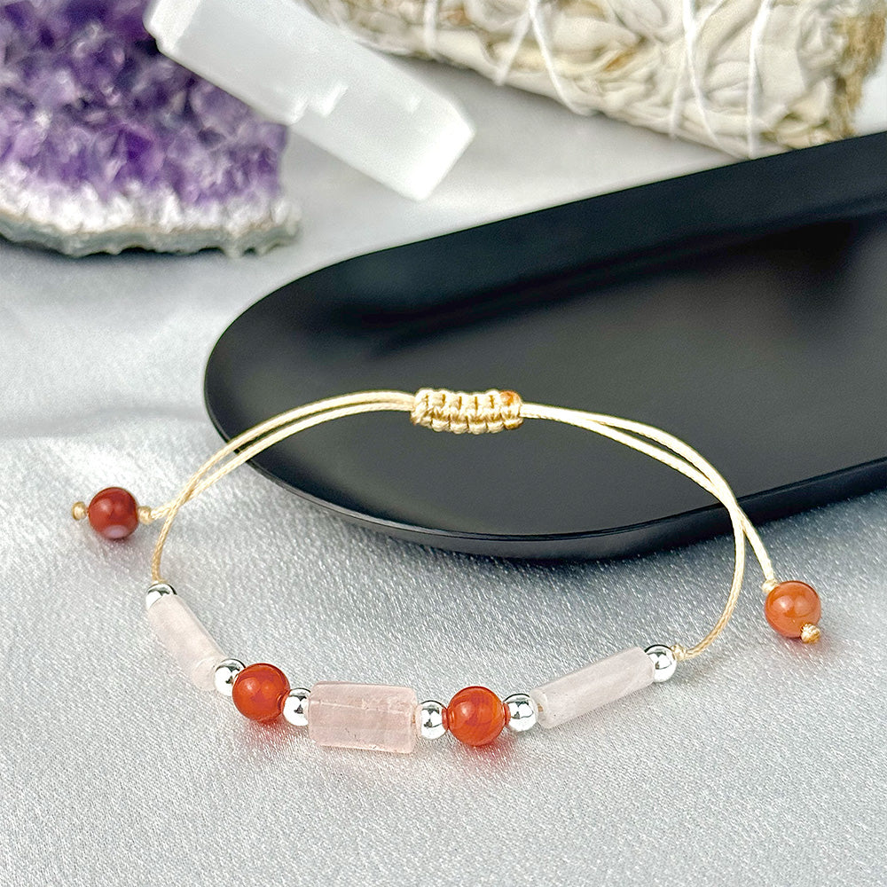 Bracelet made of natural Rose Quartz and Carnelian beads