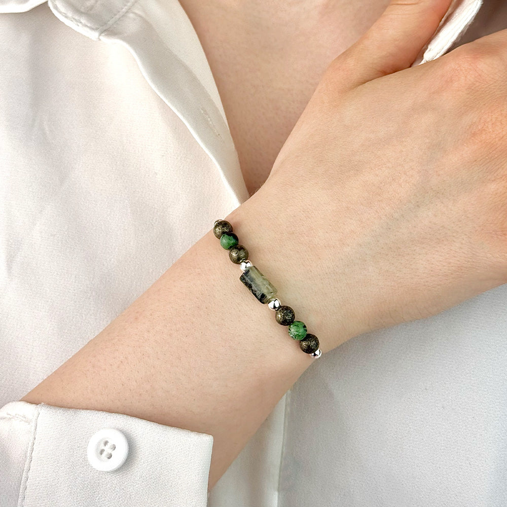 Bracelet made of natural Prehnite, Epidote, and Pyrite beads