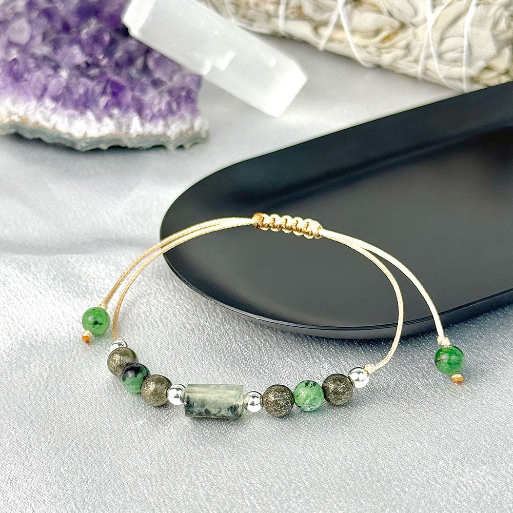 Bracelet made of natural Prehnite, Epidote, and Pyrite beads