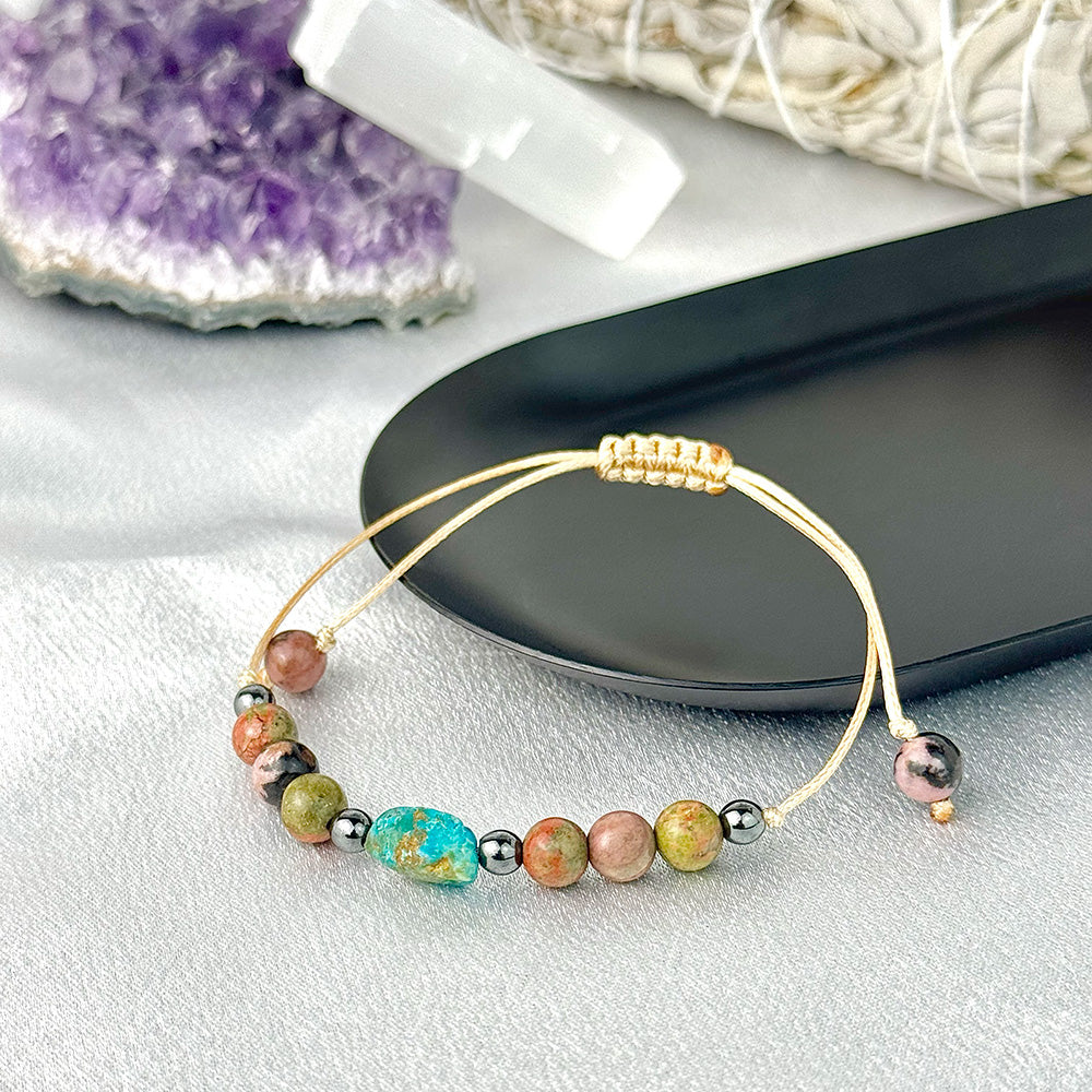 Bracelet made of natural Rhodonite, Unakite, and Turquoise beads