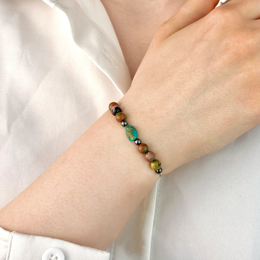 Bracelet made of natural Rhodonite, Unakite, and Turquoise beads