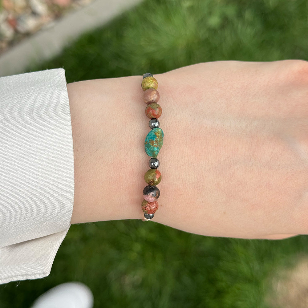 Bracelet made of natural Rhodonite, Unakite, and Turquoise beads