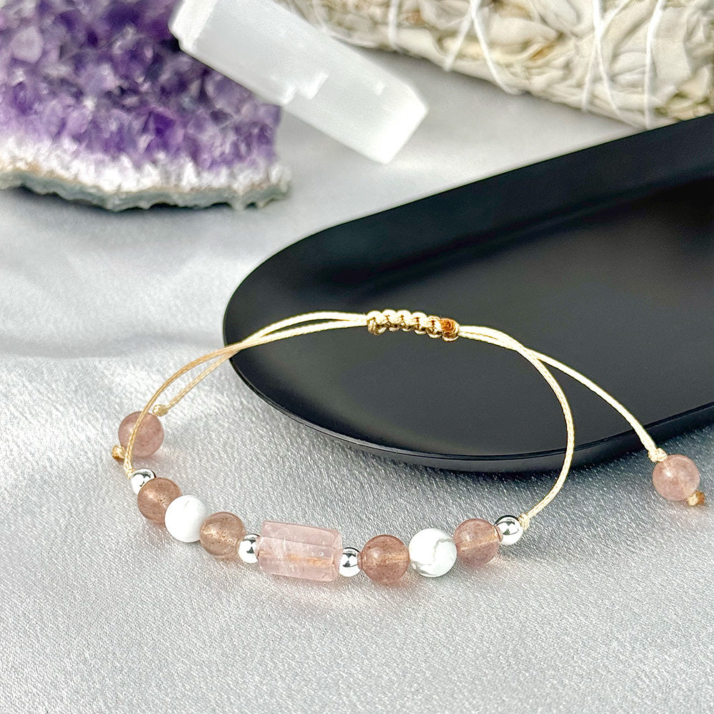 Bracelet made of natural Howlite, Quartz, Rose Quartz, and Strawberry Quartz beads
