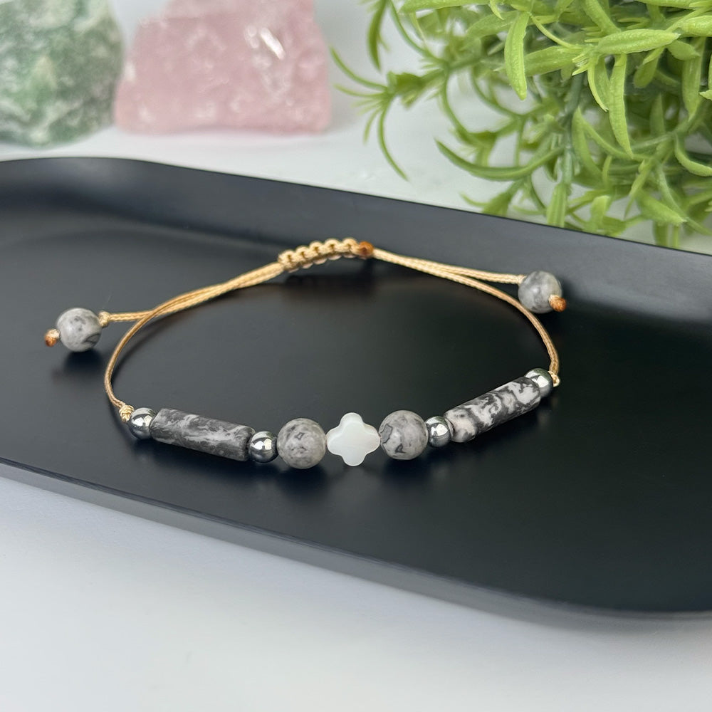 Bracelet made of Pearl and Grey Jasper stones for women