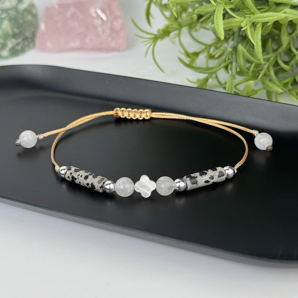Bracelet made of Pearl, Moonstone and Dalmatian Jasper stones for women