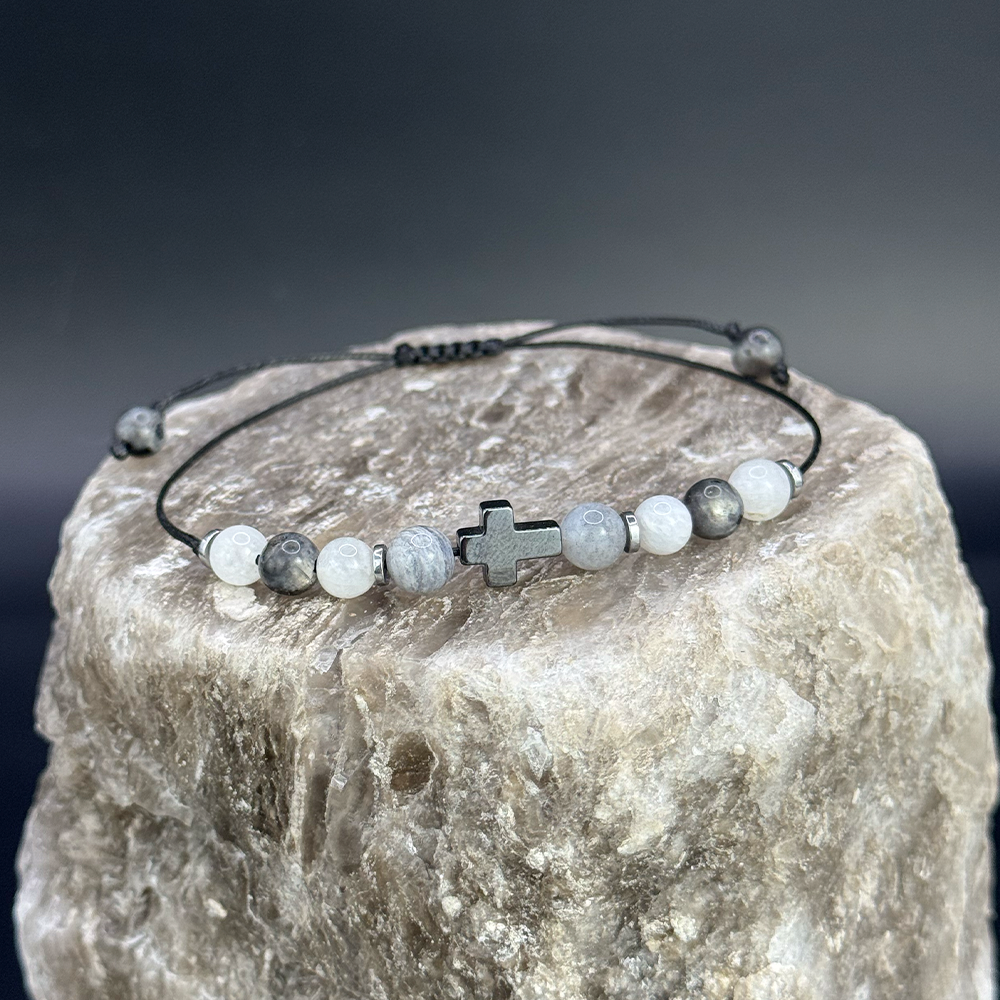 Men’s Black Labradorite Moonstone Grey Jasper Bracelet