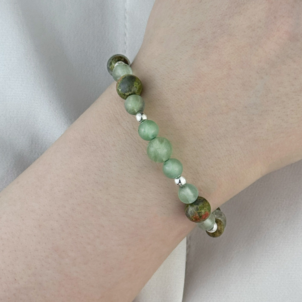 Bracelet made of natural Fluorite, Unakite, and Aventurine stones on elastic thread