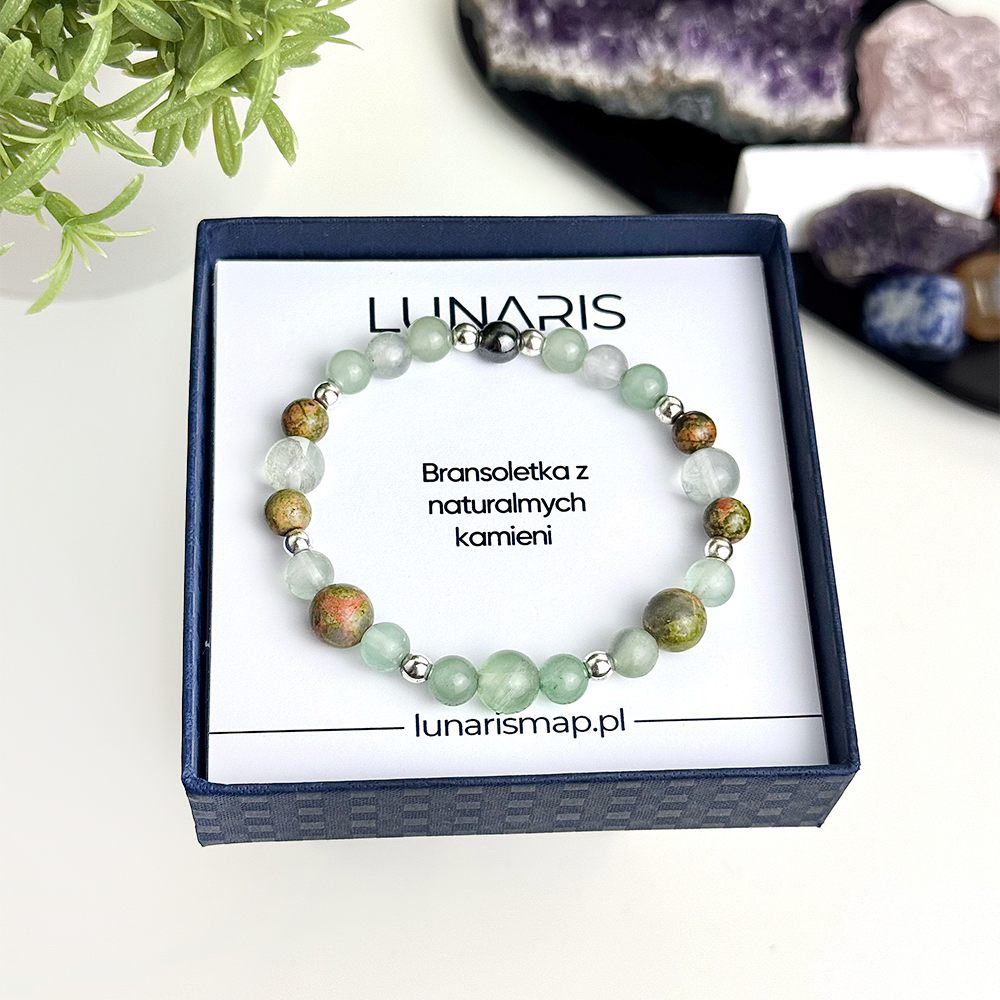 Bracelet made of natural Fluorite, Unakite, and Aventurine stones on elastic thread