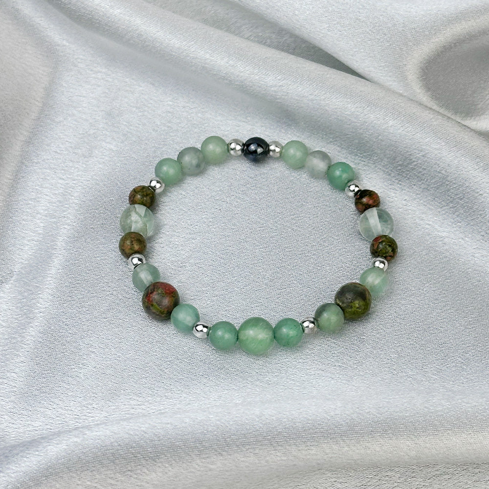 Bracelet made of natural Fluorite, Unakite, and Aventurine stones on elastic thread
