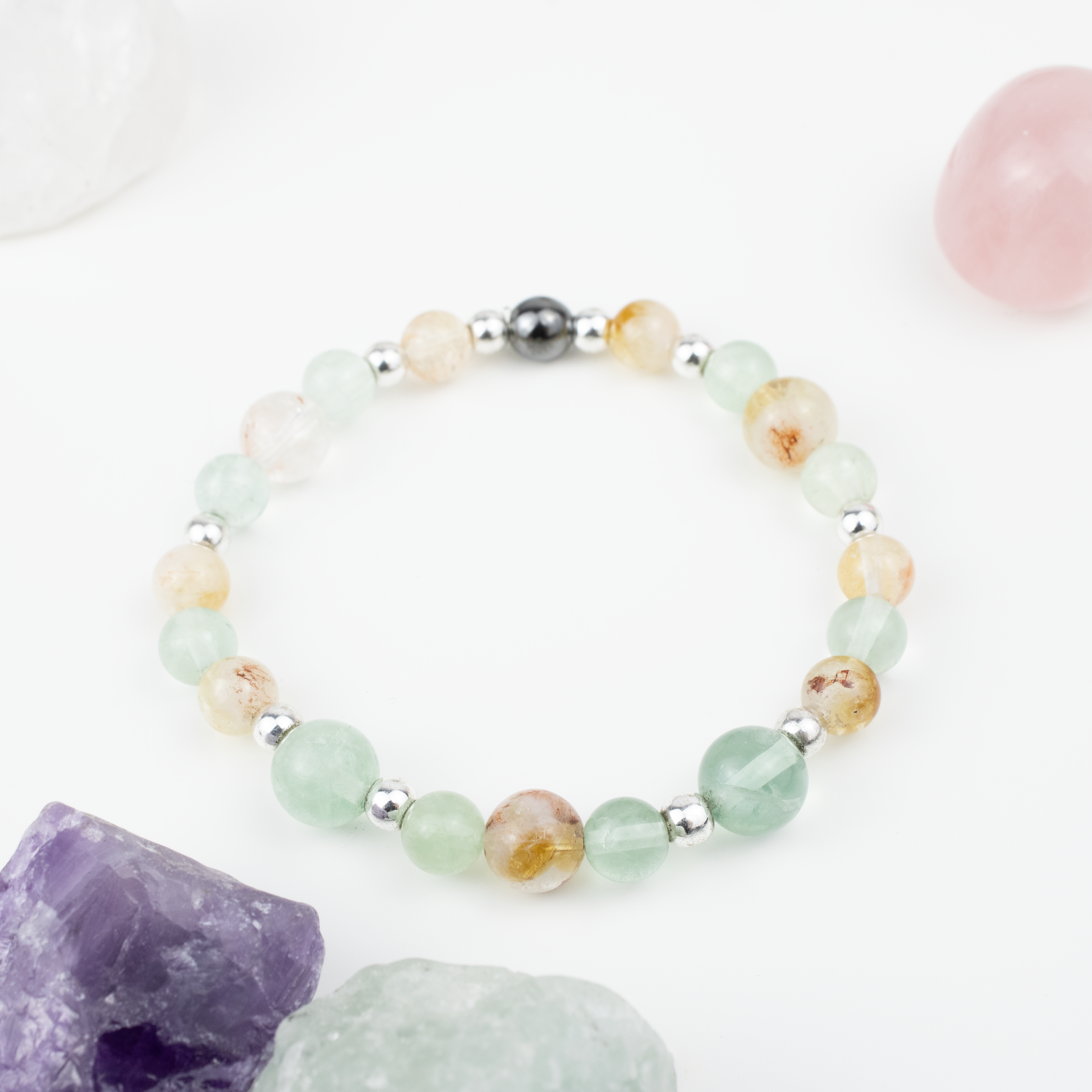 Bracelet made of natural Fluorite and Citrine stones on elastic thread