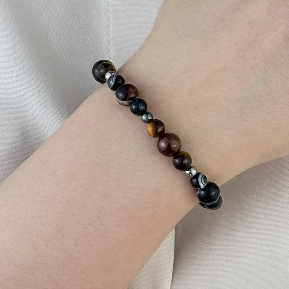 Bracelet made of natural Garnet, Agate, and Tiger’s Eye stones on elastic thread