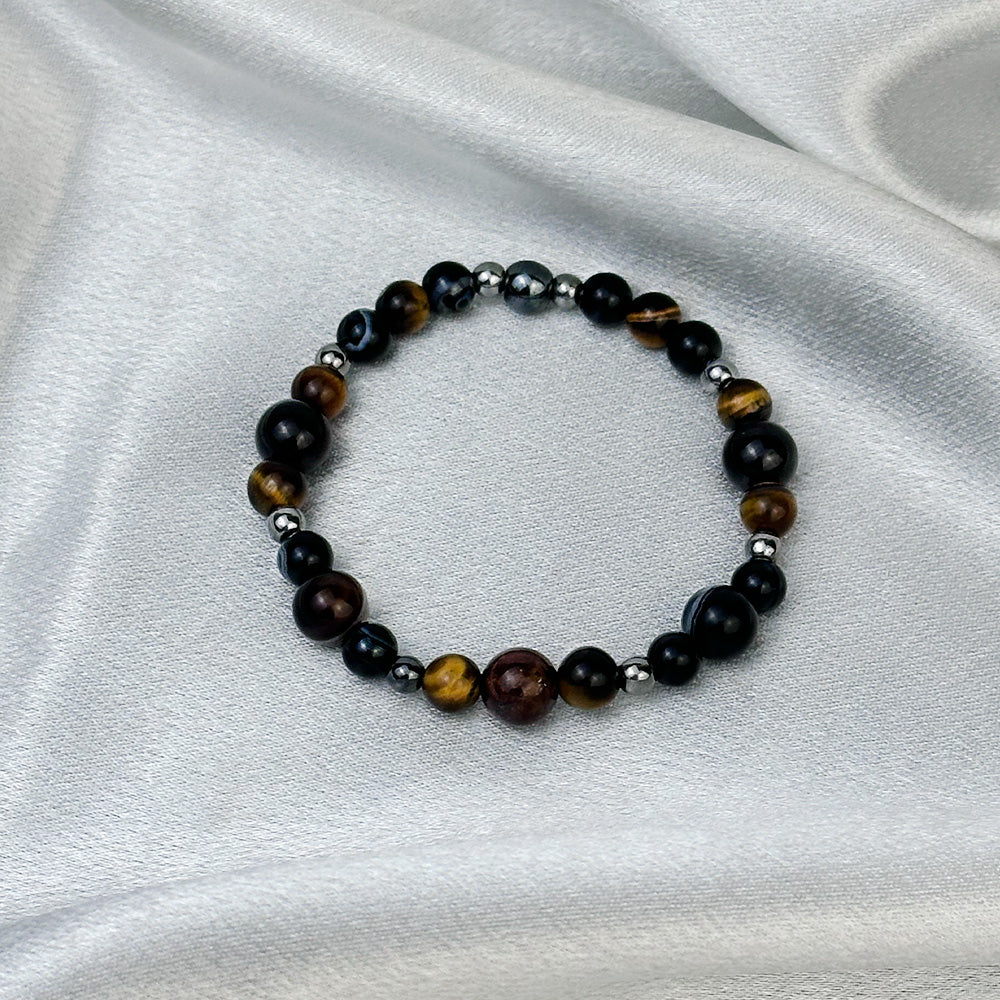 Bracelet made of natural Garnet, Agate, and Tiger’s Eye stones on elastic thread
