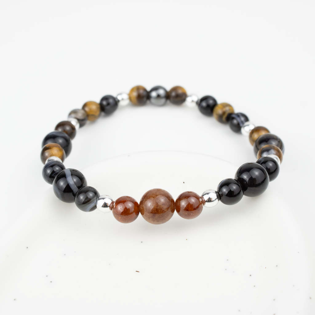 Bracelet made of natural Garnet, Agate, and Tiger’s Eye stones on elastic thread