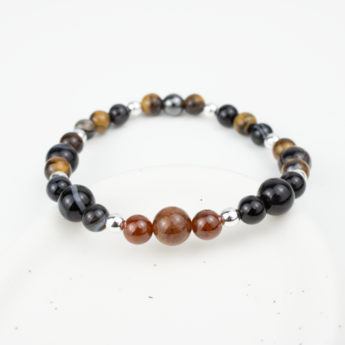 Bracelet made of natural Garnet, Agate, and Tiger’s Eye stones on elastic thread